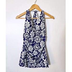 L.L.Bean Swim Dress Women 8 Navy White Floral UPF 40+ Halter One Piece NEW